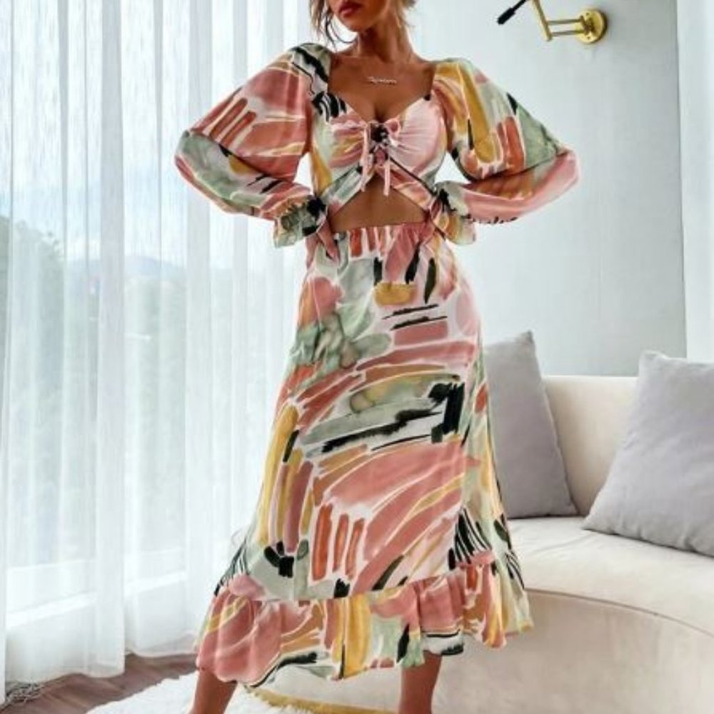 SHEIN Women's Graphic Cut Out Knot A-line Dress  in Multicolor Size S NWT